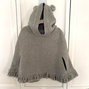 Baby Gap Kids ADORABLE Grey Bear Hood Knit Sweater Poncho Cape w/ Fringe Size 4